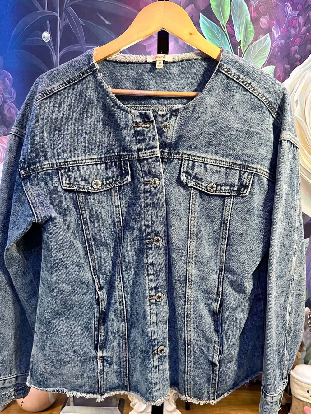 a.peach M Denim Jacket Raw Hem Cropped Collarless Y2K 100% Cotton Blend Blue